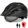 Best reviews of 🔔 Adult Bike Helmet With Visor And Goggles For Men 👩 Women Mountain Road Bicycle Helmet Rechargeable Rear Light Cycling Helmet Mixpurple 🔥