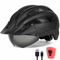 Best reviews of 🔔 Adult Bike Helmet With Visor And Goggles For Men 👩 Women Mountain Road Bicycle Helmet Rechargeable Rear Light Cycling Helmet Mixpurple 🔥