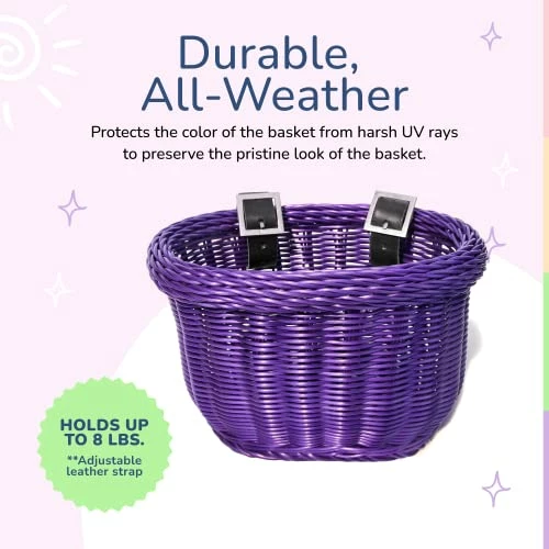 Promo π 01617 Front Handle Bar Kids Bike Basket, All Weather, Water Resistant, Adjustable Leather Straps, Food-Contact Safe, Purp β¨ - Image 3